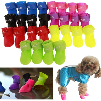

4pcs/set Pet Rain Shoes Dog Silicone Antiskid Rain Boots Candy Color Pets Waterproof Shoes Puppy Rain Day Wear Essential
