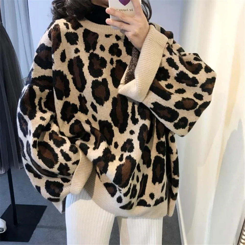 Women Sweater Autumn Winter O-Neck Leopard Print Oversized Loose Knit Casual Pullover Plus Size jumper sweter 35 | Женская одежда