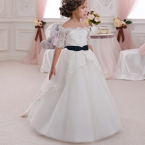 От 2 до 12 лет, элегантное платье для девочки Vestido de Primera Communion, платье на шнуровке с аппликацией; фасон «Замочная скважина»; мягкий тюль бальное платье - Цвет: Royal Bule