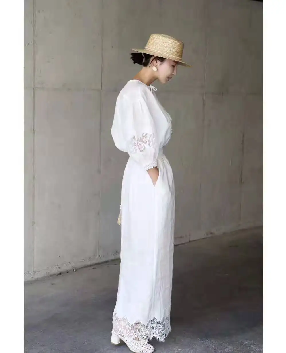 Весенне-осеннее белое кружевное Макси Длинное свободное кружевное платье Boho с круглым вырезом женское платье вечернее длинное дамское летнее платье