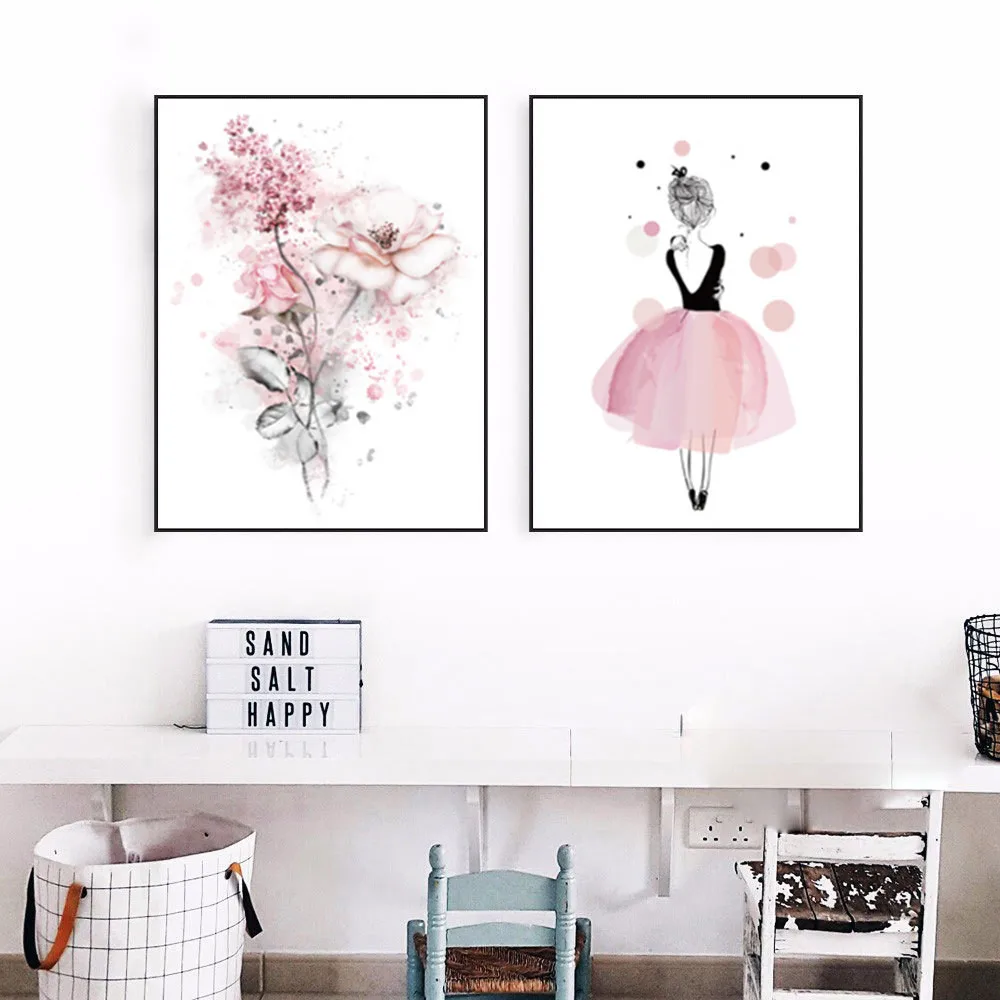 

Foreign Trade Hot Selling Simple Northern European-Style Pink + Girl Iron Tower Flower Home Mural Hanging Painting Frameless Dec
