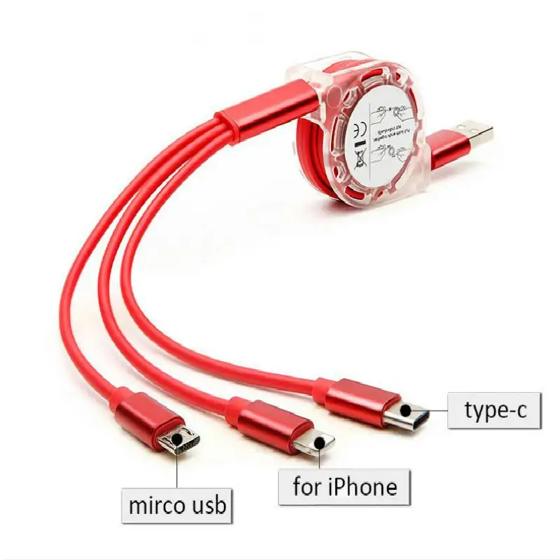 3 в 1 type C порт+ микро USB кабель Android для samsung Xiaomi huawei Выдвижной зарядное устройство USB порт линия передачи данных - Цвет: Red