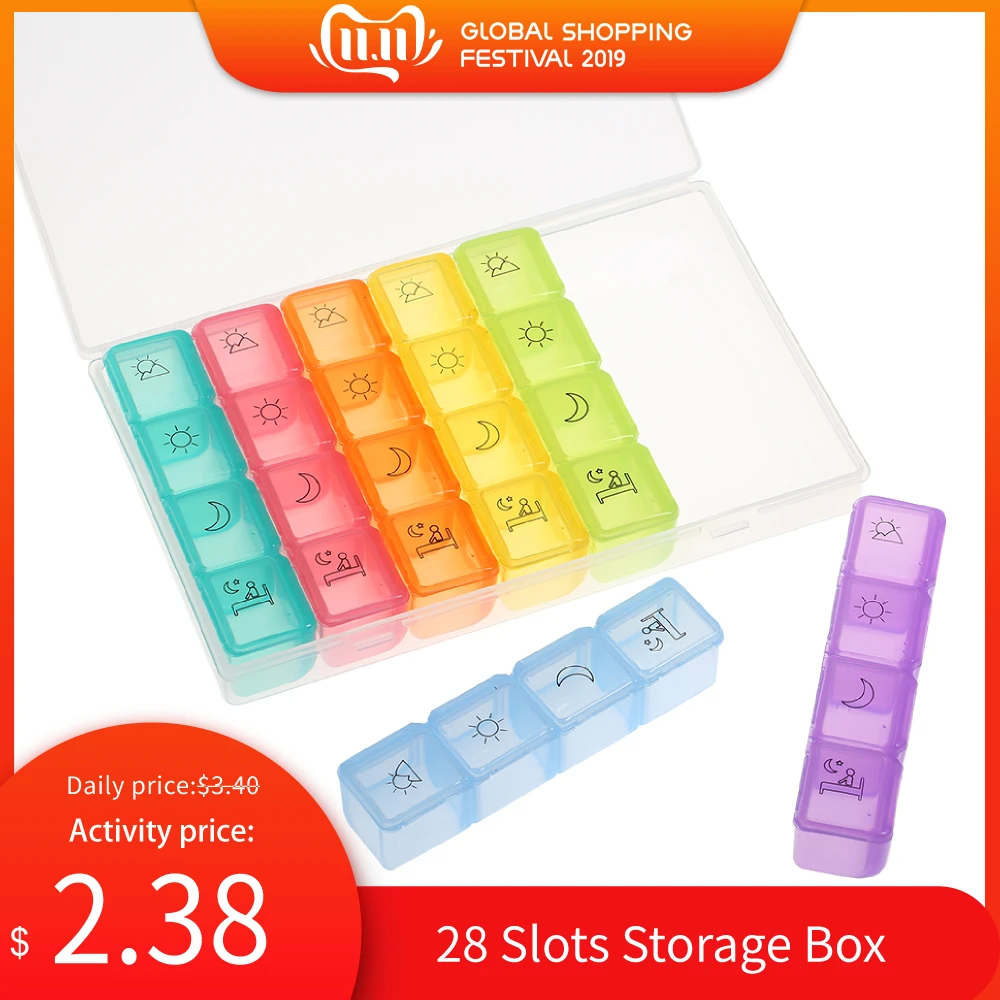 

28 Slots Storage Box Portable Weekly Medication Pillbox 7 Days 4 Times a Day Pill Container