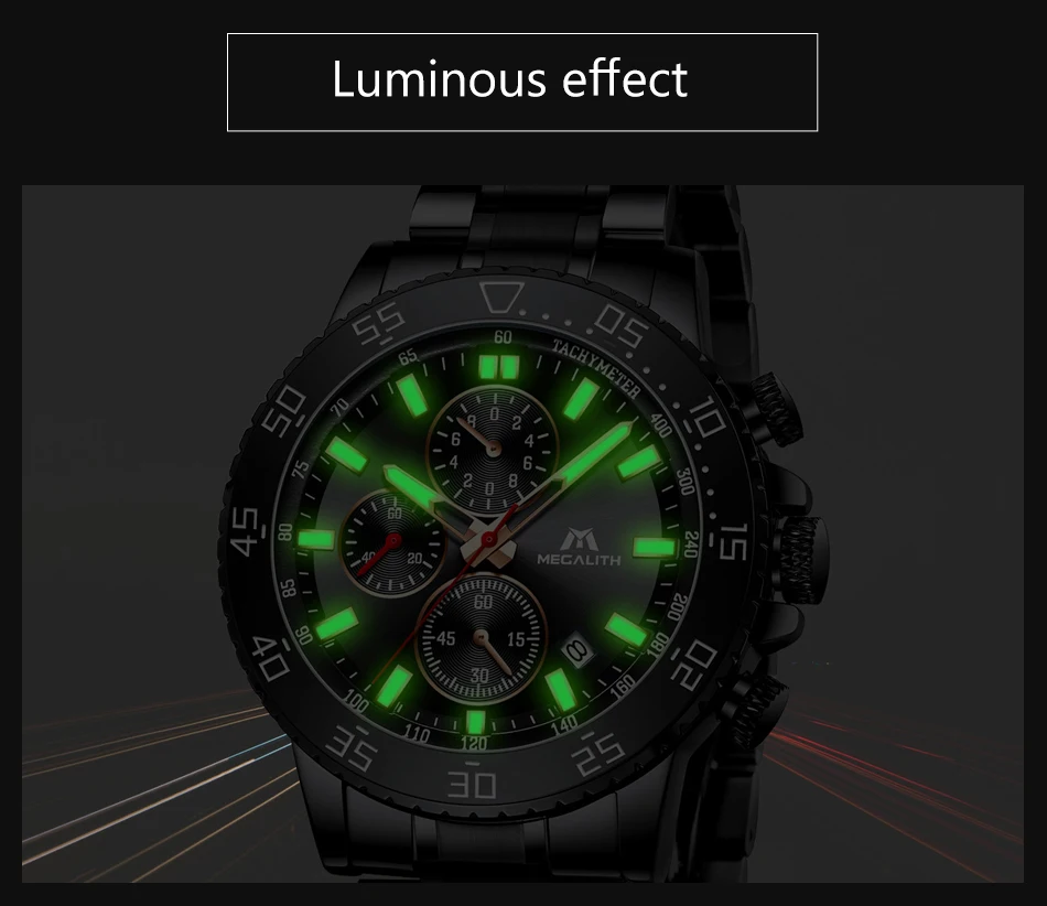 MEGALITH модные часы для мужчин бизнес хронограф кварцевые часы черный нержавеющая сталь Водонепроницаемый светящиеся часы Relogio Masculino