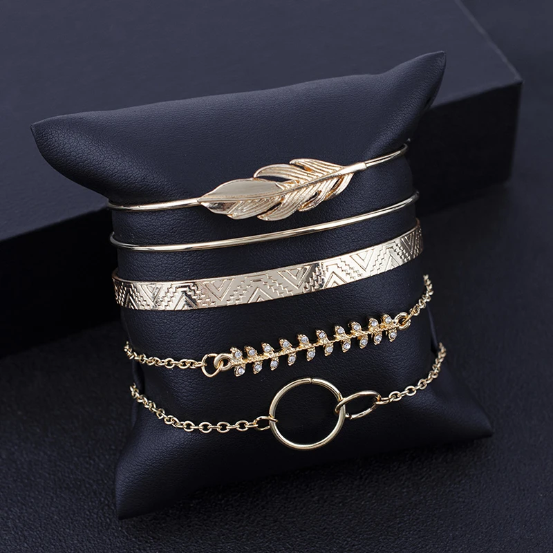 5Pcs/set Bohemian Gold color Moon Leaf Crystal Opal Open Bracelet Set for Women Punk Boho Beach Bangle Jewelry Gift