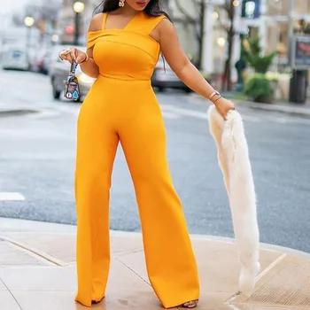 

Fashion Summer Yellow Strap Wide Leg Jumpsuit Women Sexy Asymmetrical High Waist 2020 Plus Size Long Jumpsuit Romper Ladies