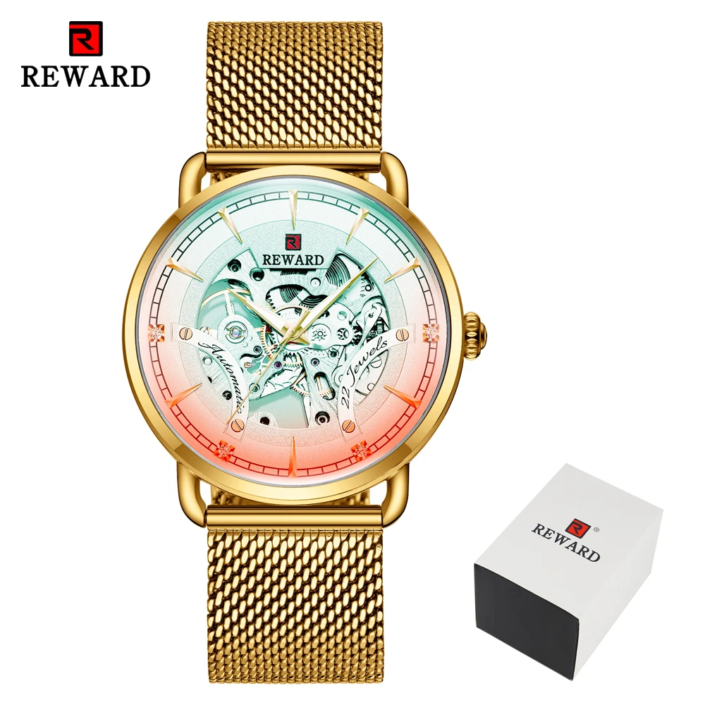 Брендовые модные автоматические механические часы с цветным стеклом для мужчин, стальной сетчатый ремешок, мужские наручные часы с Т-образным турбийоном и скелетом - Цвет: Gold Box