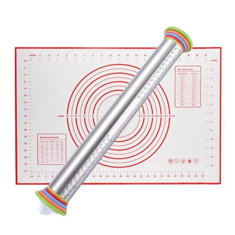 17Inch Adjustable Stainless Steel Rolling Pin With Dough Mat Roller 8 Removable Thickness Rings Set - Цвет: 01