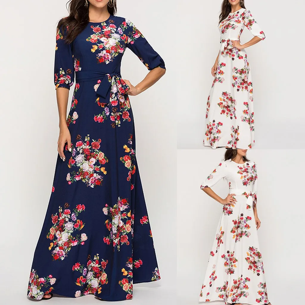 O Neck 3/4 Sleeve Party Dresses Women Casual Bohemian Print Dress Sashes Fit and Flare dress bestidos mujer envio gratis#F