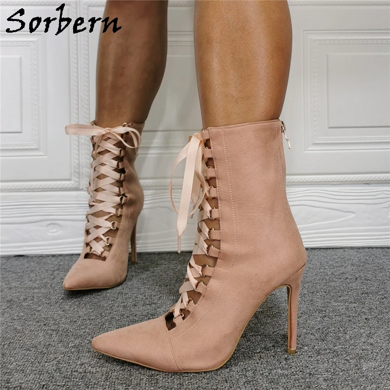 

Sorbern Blush Pink Ankle Boots Lace Up Pointy Toe Women Shoes Stilettos Custom Colors Gay Crossdresser Booties Drag Queen Style