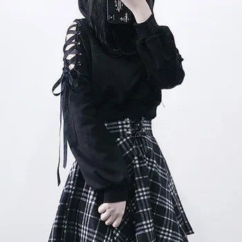 

Gothic Black Hoodie Women Cat Ear Hooded Sweatshirt Goth Cool Hollow Ripped Hoodies Short Tops 2020 Spring Streetwear