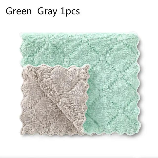 Green Gray 1pcs 5 шт. дешевле двухслойная впитывающая салфетка из микрофибры для кухонной посуды с антипригарным маслом для бытовой очистки протирающее полотенце Kichen инструменты - Цвет: Green Gray 1pcs