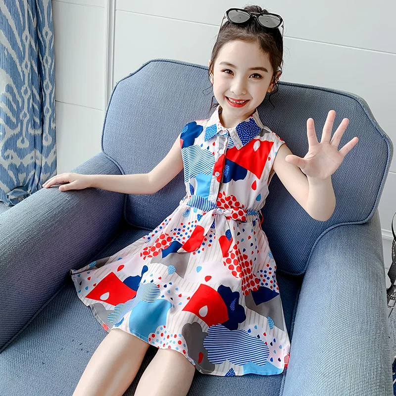 Платья для девочек с цветочным принтом летние хлопковые блузки без рукавов