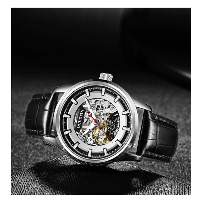 OCHSTIN Новые Мужские автоматические механические часы мужские полые скелетные модные спортивные кожаные часы Роскошные мужские часы