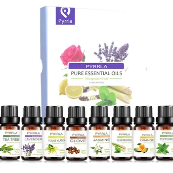 

Pyrrla 10ml 8pcs/Set with Gift Box Pure Essential Oil for Aroma Tea Tree Lavender Peppermint Orange Lemongrass Ylang Jasmine Oil
