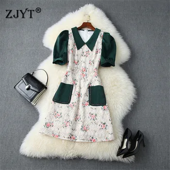 

Top Fashion Summer Designer Runway Women Elegant Puff Sleeve Hollow Out Embroidery Floral Dress with Pocket