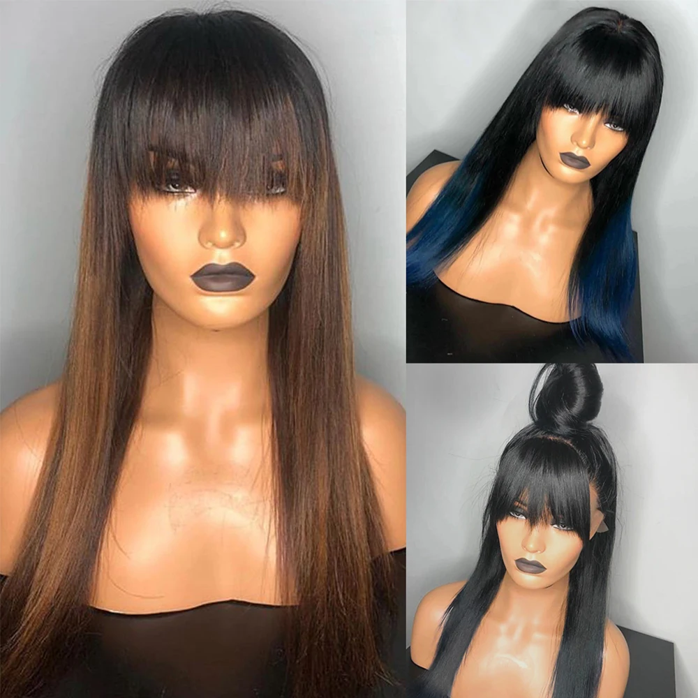 

Eversilky Ombre Blue 13x4 Lace Front Human Hair Wigs With Bangs Wig Brown Color Straight Peruvian Remy With Baby Hair Fringe Wig