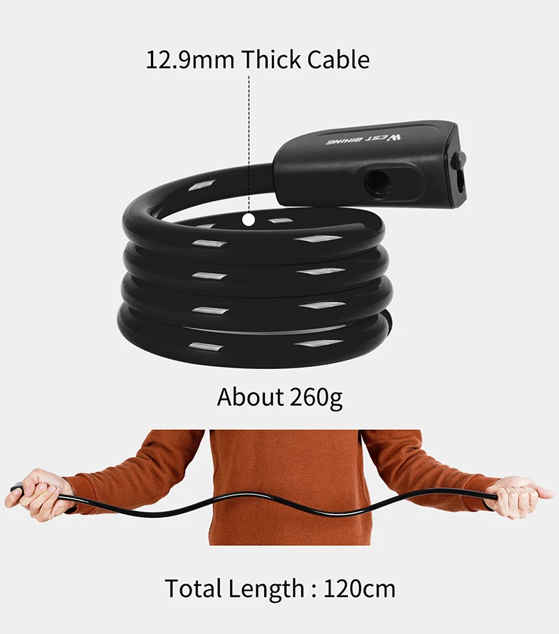 Bicycle lock WEST BIKING Bicycle Cable Lock Outdoor Cycling Anti-theft With Keys Steel Wire Security Bike Accessories 1.2M