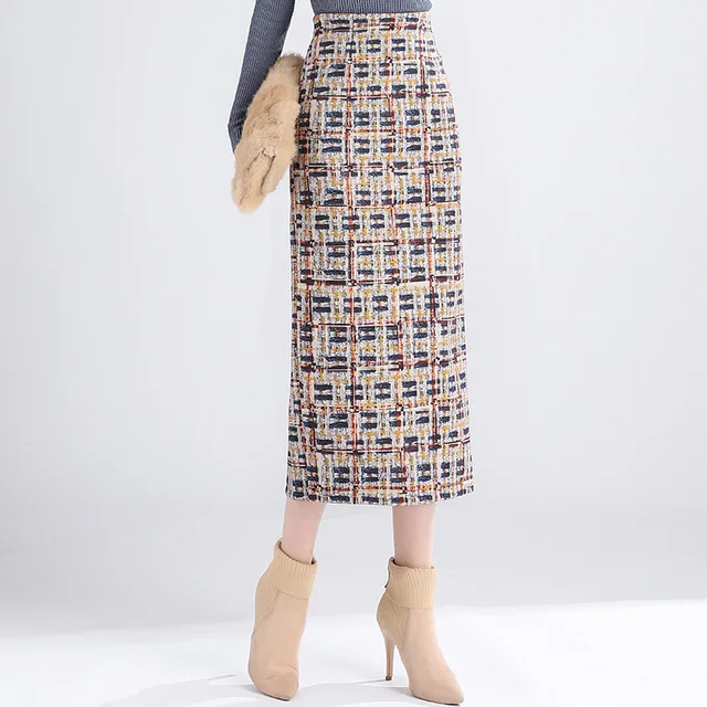 Винтажные шерстяные юбки в этническом стиле, женская сексуальная узкая длинная юбка с высокой талией, на невидимой молнии, с разрезом, с принтом, для осени, DS50916