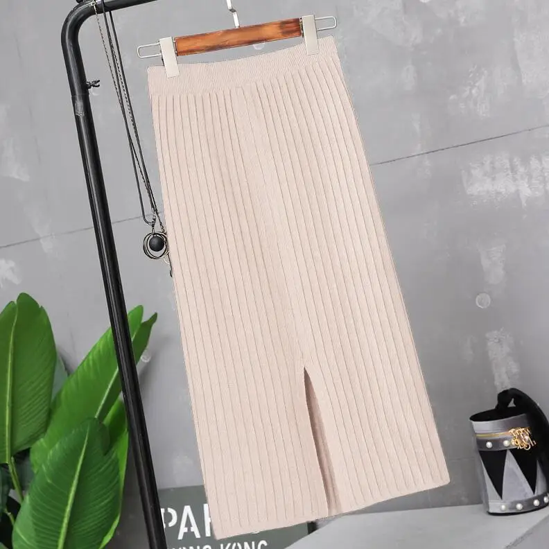 off white 70CM Элегантная женская юбка-карандаш, весна-осень, повседневная, в рубчик, теплая, вязаная, длинная юбка, для офиса, высокая талия, юбки для женщин, s, плюс размер - Цвет: off white 70CM