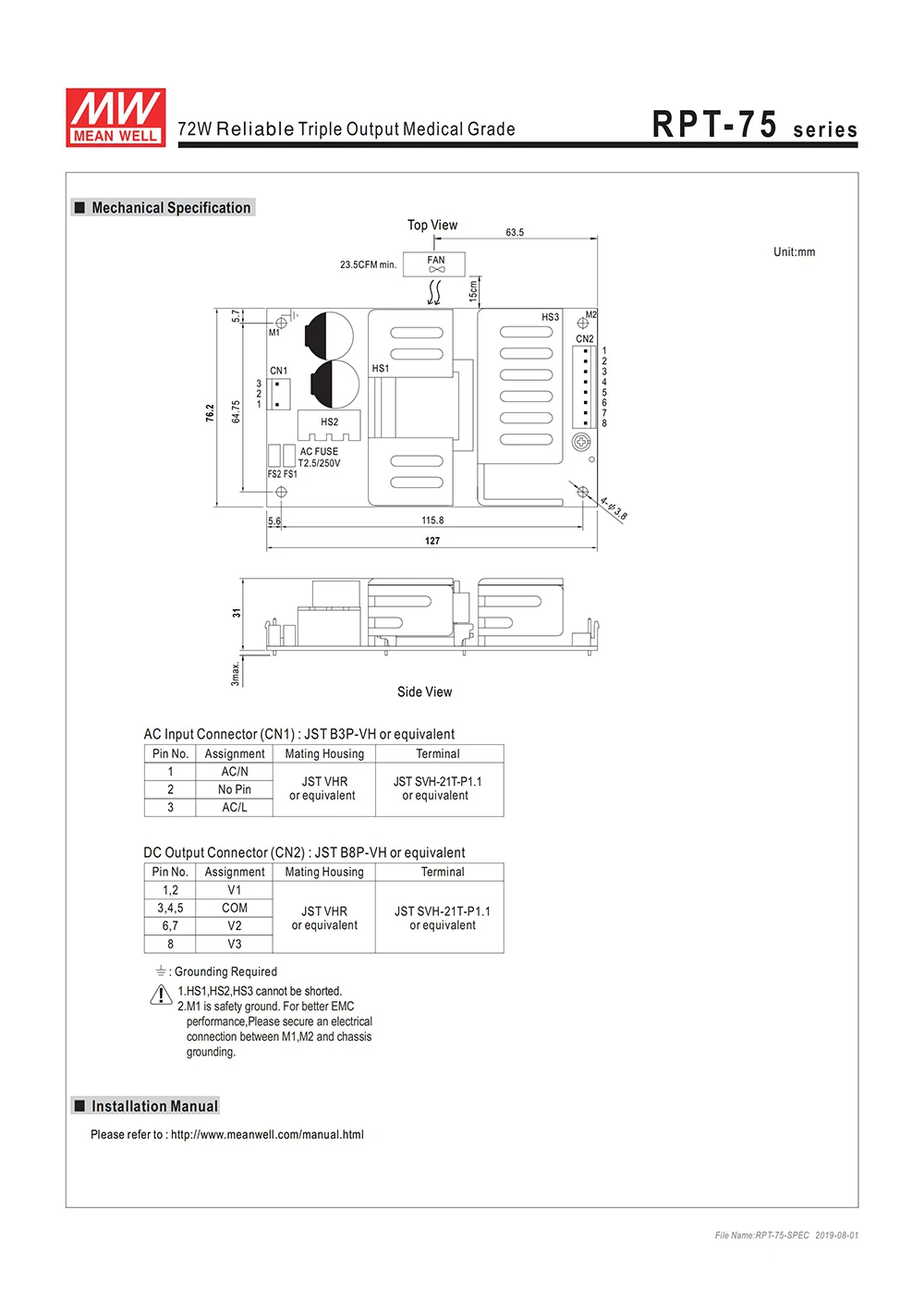 RPT-75B Meanwell 72 Вт тройной выход монтажная плата PCB импульсный источник питания 110 В/220 В переменного тока до 5 в 12 В-12 В DC 6A 3A 0.5A медицинский SMPS
