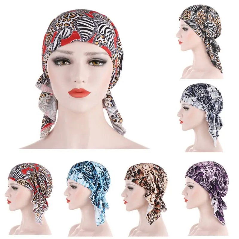 

Womens Cotton Bandana Pre-Tied Chemo Hat Retro Leopard Printed Beanie Turban Hat Cancer Patients Elastic Head Scarf Hair Cover