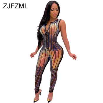 

Rainbow Sequins Sexy Bandage Jumpsuit Women Sleeveless Single-Breasted Bodycon Romper Autumn Party Clubwear Glitter Playsuits