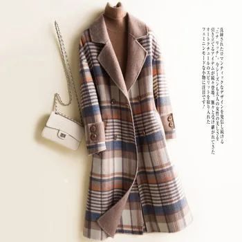 

2019 autumn and winter new ladies retro plaid woolen coat in the long section of slim slimming double-faced