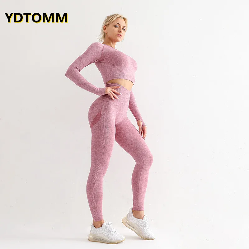 2021 Women's Sets Long Sleeve Top Skinny Tracksuit Breathable Bra Seamless Outfits High Waist Push Up Leggings Gym Clothes Sport women yoga leggings quick dry non see through high waist push up sport workout pants