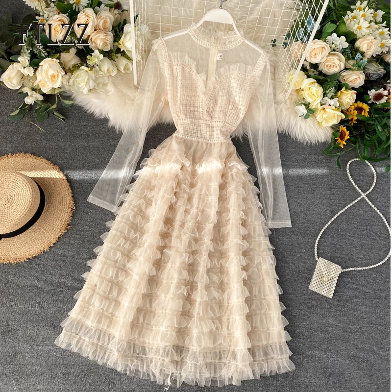 Beach Wear Long Robe Women Dresses New 2020 Spring Autumn Slim Patchwork Lace Mesh Layer Vestidos Ladies Korean Dress | Женская одежда
