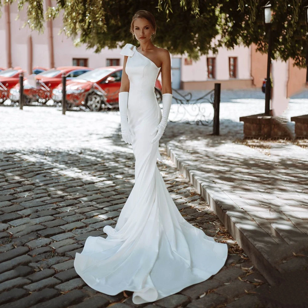 Uzn Boho Mermaid Wedding Dress One Shoulder Bowknot Satin Bridal Gowns  Dubai Elegant Simple Backless Brides Dress Custom Made - Wedding Dresses -  AliExpress