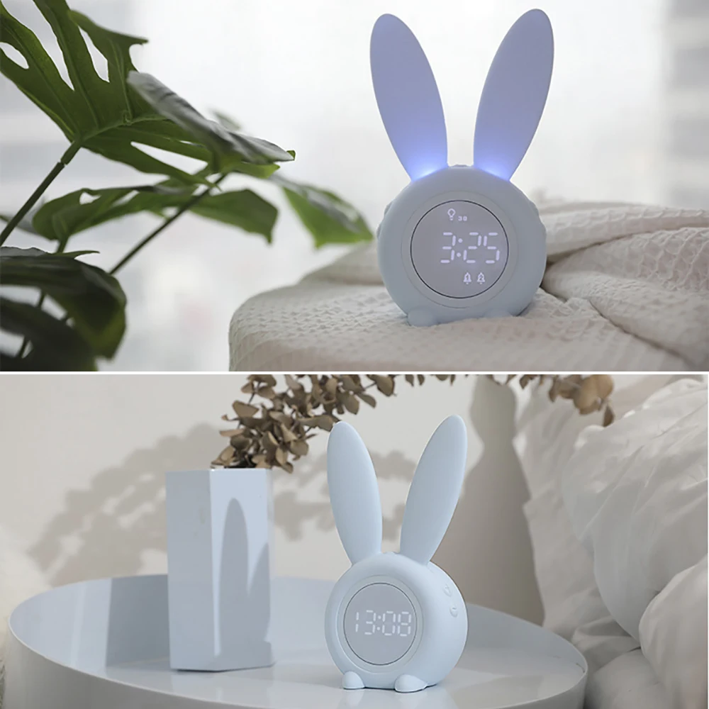 Cute Bunny Ear LED Digital Alarm Clock Electronic USB Sound Control Rabbit Night Lamp Desk Clock