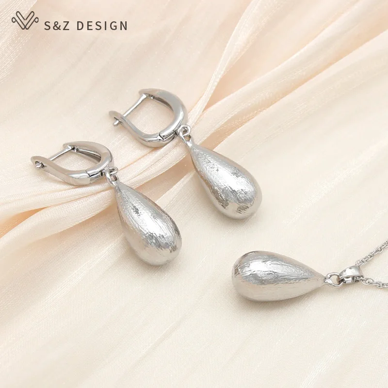 S&Z DESIGN New 585 Rose Gold Color Water Drop Metal Dangle Earrings Jewelry Sets For Women Wedding Pendant Necklace