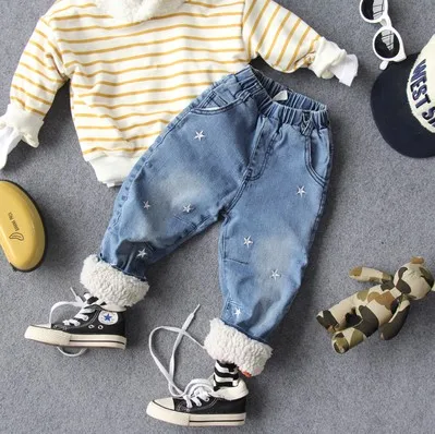 only jeans 90 до 130 см, новые зимние плотные теплые флисовые джинсовые штаны с вышивкой внутри для мальчиков, Детские Зимние Модные Стильные повседневные штаны, брюки для мальчиков - Цвет: only jeans