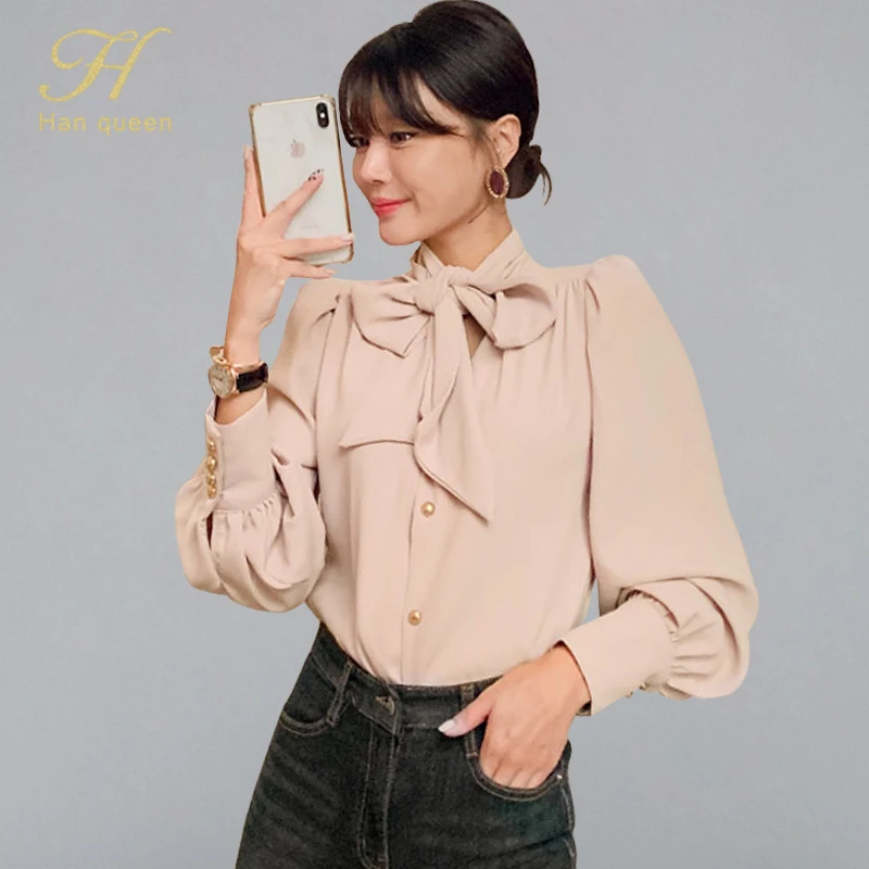 

H Han Queen Bow Neck Lace Up Single-breasted Shirts Women 2019 Autumn Fashion Bottoming Blouses Elegant Korean Office Wear Shirt