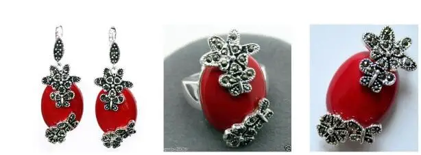 Jewelry Pearl Set Fashionable Red Carved Lacquer Marcasite 925 Sterling Silver Ring(#7-10) Earrings &amp Pandent jewe Free Shipping |