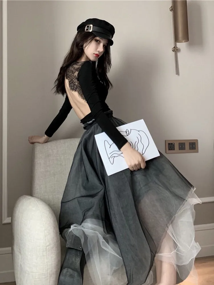 Женская сетчатая юбка в виде пентаграммы черная готическом стиле Повседневная