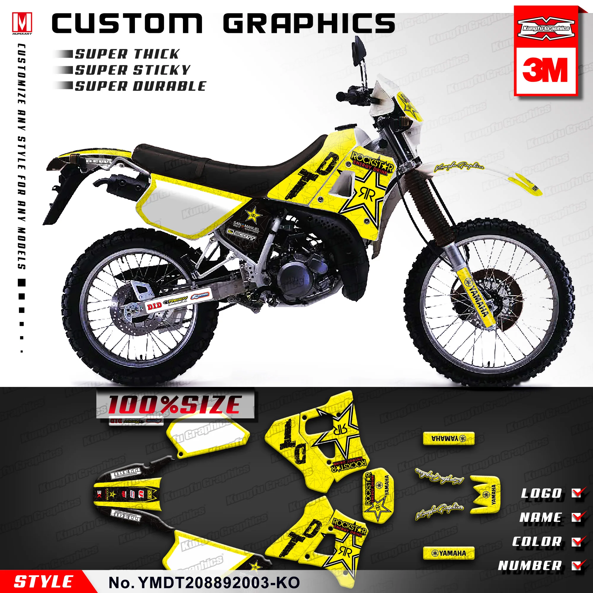 

KUNGFU GRAPHICS Personalised Stickers Kit Full Wrap Decal Set for Yamaha DT 200R 125R DT200R DT125R 1988 1989 1990 1991 1992
