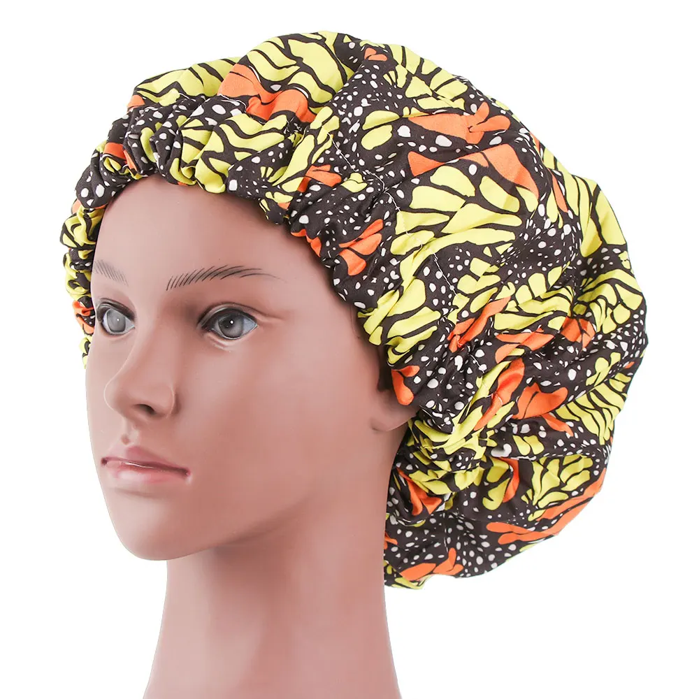 Женский Экстра большой атлас выстроились Bonnets Африканский узор печати Ткань Волос Кепка Анкара капот Ночная шапочка для сна женский тюрбан