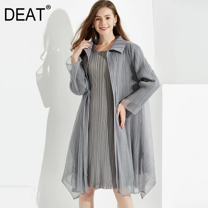 

[DEAT] 2019 Summer New Patter Double-layer Light Thin Mesh Gauze Fair Small Pleated Women Lapel Collar Open Stitch Coat AI332