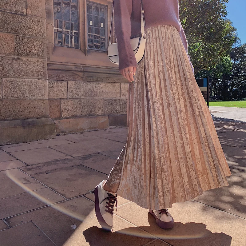 Genayoa, длинная Плиссированная юбка, женский корейский стиль, макси юбки для женщин, однотонная повседневная юбка с высокой талией, зима, осень, зима, новинка