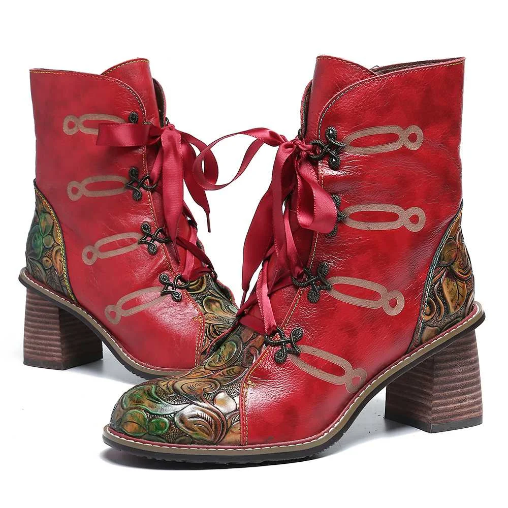 SOCOFY/кожаные сапоги с принтом розы; ботильоны на высоком каблуке со шнуровкой и лентами; женская обувь; элегантная женская обувь; коллекция года