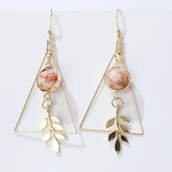 

European And American Fashion Vintage Hollow Out Triangle Marble Round Beads Leaf Earrings For Woman Girls Jewelry