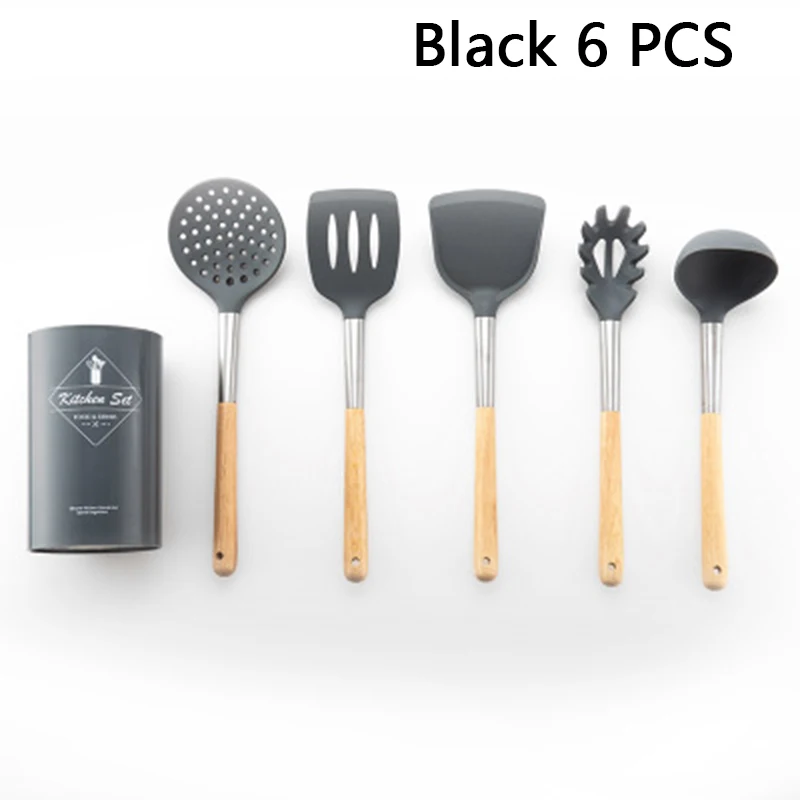 black 6pcs 12 шт Силиконовая кухонная утварь набор антипригарная лопатка лопата с деревянной ручкой кухонная утварь с ящиком для хранения кухонные принадлежности - Цвет: black 6pcs