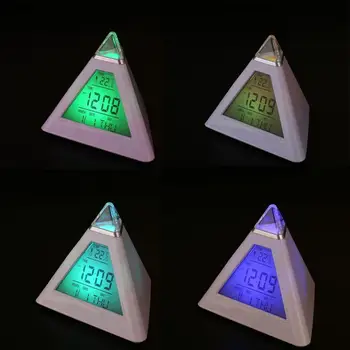 

Pyramid 7 Color Changing Triangular Silent Alarm Clock Kids Student Night Light Desk Clock Temperature Time Date Timer