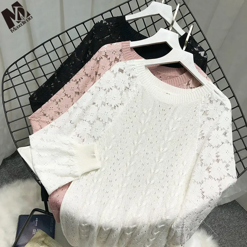 MAXDIROO Women 2020 Autumn Winter Knitted Lace Patchwork Hollow Out Pullover And Sweater Female Bating Sleeve Flower Jumper | Женская