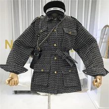 Autumn New Vintage Women's Single-breasted Wool Coat Casual Female Plaid Tweed Woolen Jacket Loose Outwear