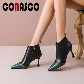 

CONASCO Women Ankle Boots Genuine Leather Rivets Shoes Woman Autumn Winter Concise Elegant Thin Heels Pointed Toe Office Boots