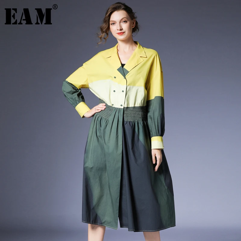 

[EAM] Women Dress New Lapel Neck Long Sleeve Mixed Colors Fit Button Spliced Pleated Big Size Fashion Spring Autumn 2019 JZ255