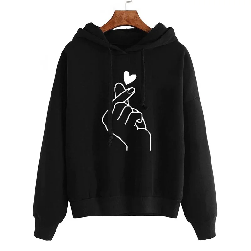 Women's Sweatshirt and Hoody Ladies Oversize K Pop Yellow Pink Love Heart Finger Hoody Casual Autumn Women Hoodies Harajuku